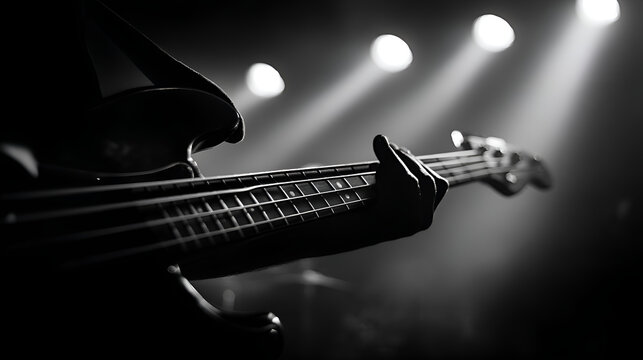 Musician playing bass guitar on stage under spotlights