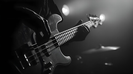 Naklejka premium Musician playing bass guitar on stage during concert