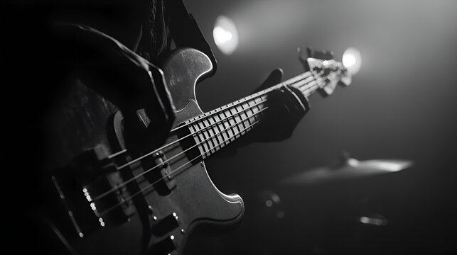 Musician playing bass guitar on stage during concert