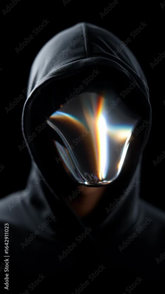 Poster a conceptual portrait captures a figure in a hooded garment, featuring a distorted reflective face t