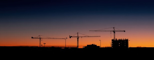 The construction cranes silhouette against a vibrant sunset skyline.
