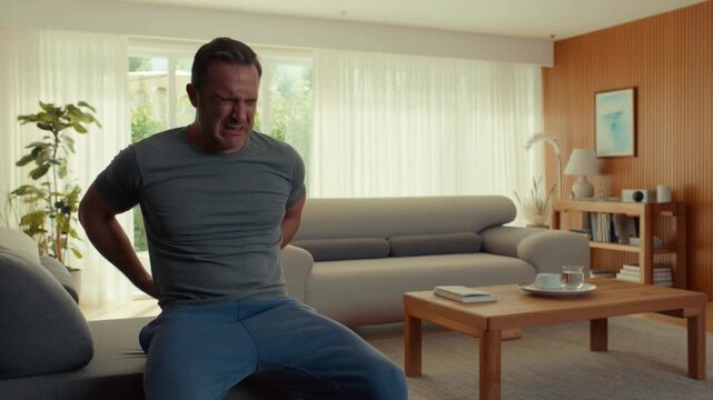 Male experiencing sharp lower back pain while sitting on living room sofa, grimacing from discomfort stemming from muscle strain or potential injury in domestic setting