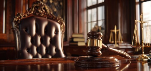 The gavel resting on an ornate desk in a classic courtroom setting.