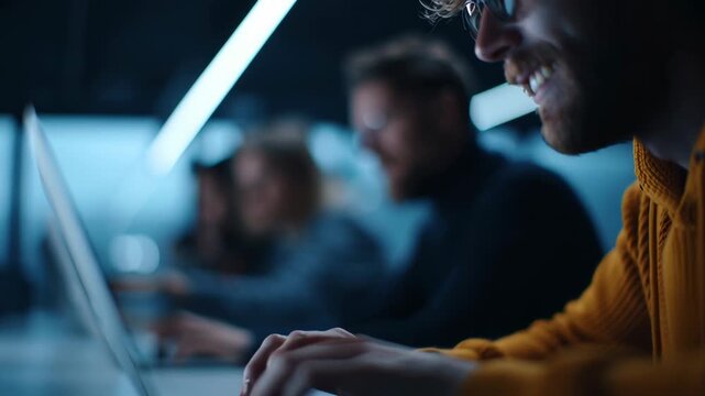 Engaged in digital design, a creative individual works intently at a computer in a contemporary office space illuminated by soft lighting, showcasing innovation and focus