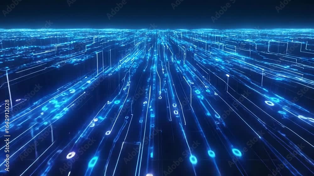 Poster abstract glowing blue data streams forming a virtual network grid, representing fast communication, 