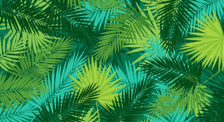 Botanical vector background with tropical palm leaves layered in shades of green and turquoise