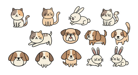 Cute doodle vector animals including cats, dogs, and rabbits with simple round shapes, on a white background