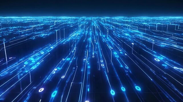 Abstract glowing blue data streams forming a virtual network grid, representing fast communication, AI processing, and digital innovation.