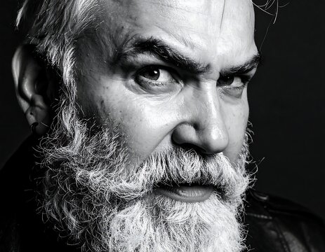 Close-up monochrome portrait of a serious, older man with a full, grey beard