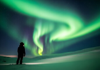 Fototapeta premium Person watching vibrant green aurora borealis in the night sky