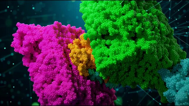3D rendering of molecular docking simulation for new biotechnology. Bright colors, highly realistic graphics.