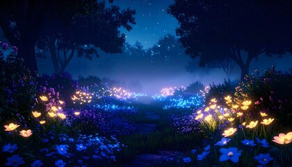 Magical Bioluminescent Night Garden with Glowing Flowers and Enchanted Atmosphere Under Starlit Sky