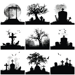 Fototapeta premium Vector silhouette set of Halloween Open Grave isolated in White background, silhouette Set, Halloween theme, Vector illustration 
