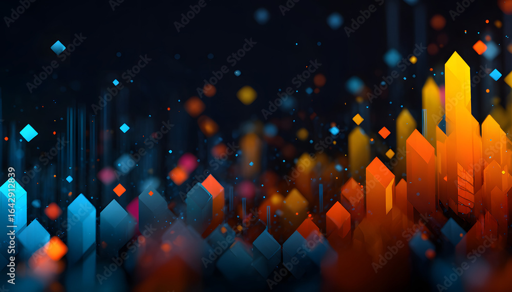 Poster abstract data visualization with vibrant geometric shapes, symbolizing business analytics on a dark 