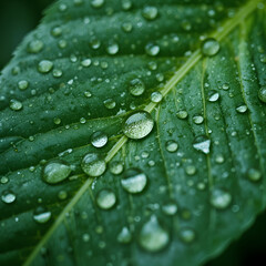 Close-Up of Fresh Green Leaf with Water Droplets After Rain