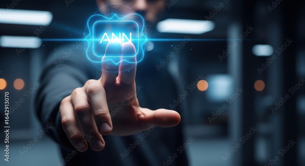 Poster person activating an artificial neural network system on a futuristic holographic touch screen.
