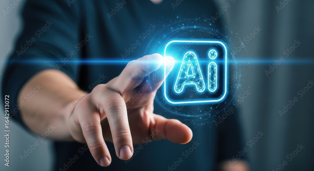 Poster man's finger pressing a holographic artificial intelligence button on a virtual interface.