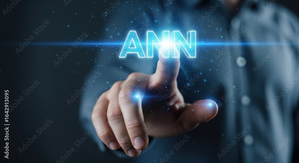 Poster artificial neural network (ann) technology glowing on a dark background with a finger touching it