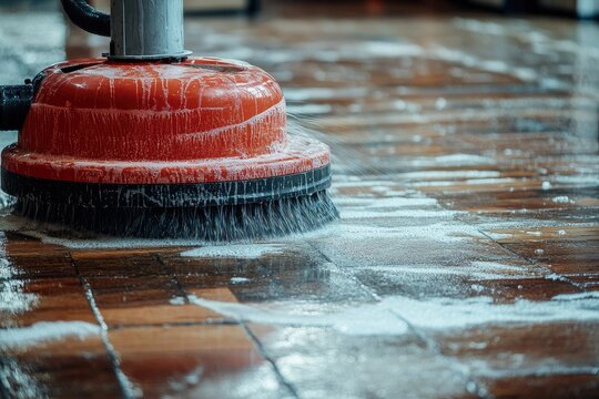 Floor cleaning machine scrubbing a wooden floor.