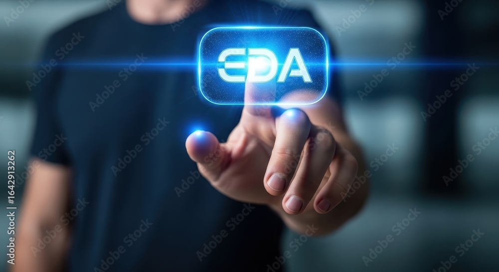 Aufkleber human hand reaching forward to press a glowing blue eda button on a virtual user interface.