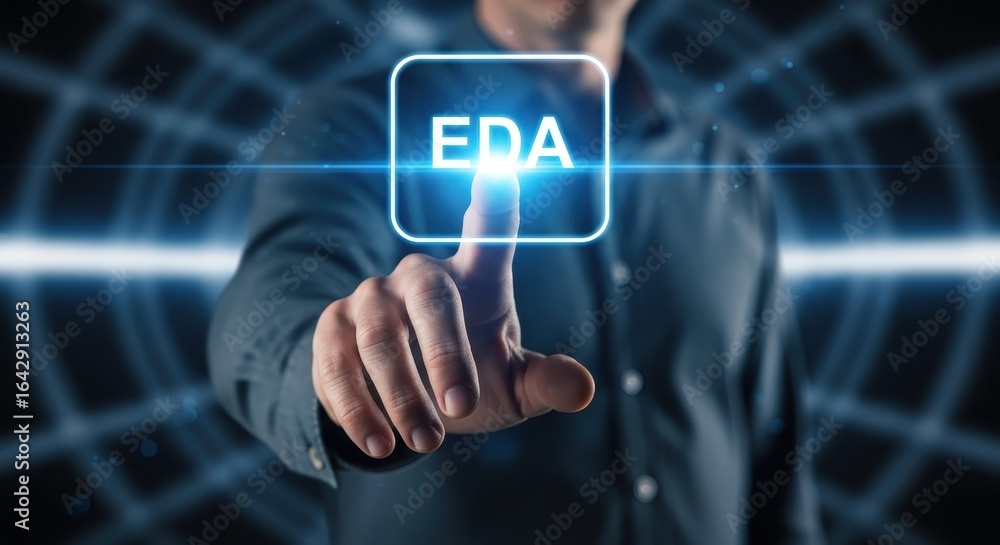Poster businessman pressing a glowing eda button on a futuristic virtual interface screen concept.