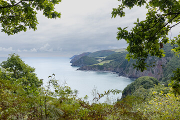 View across Woody Bay towards the cliffs of Lynton and the Valley of the Rocks from the South West Coast Path in north Devon
