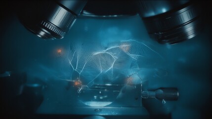 Close-up of drug crystallization process under a microscope, glowing blue background, ultra-high detail