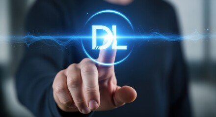 Close up of a hand touching a luminous blue DL monogram on an interactive holographic screen.