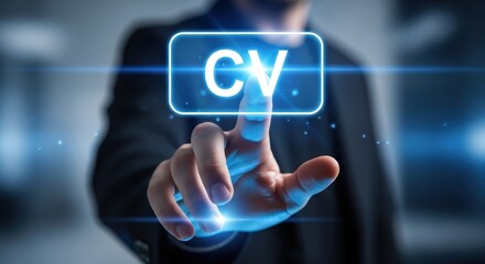 Obraz premium Businessman hand pressing a glowing CV icon for a digital job application and recruitment process.