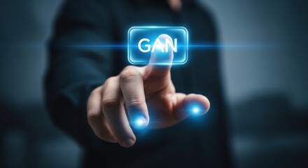 Fototapeta premium Activating GAN Hand Pressing Holographic Icon with Blue Light Technology