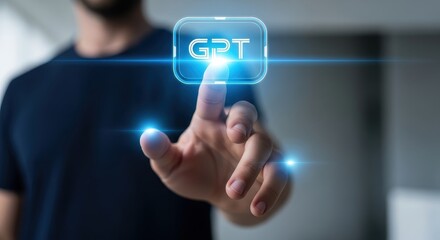 Human Touch Interacting with Glowing GPT Icon in Mid-Air with Vibrant Light