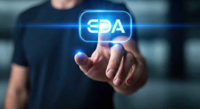 Human hand reaching forward to press a glowing blue EDA button on a virtual user interface.