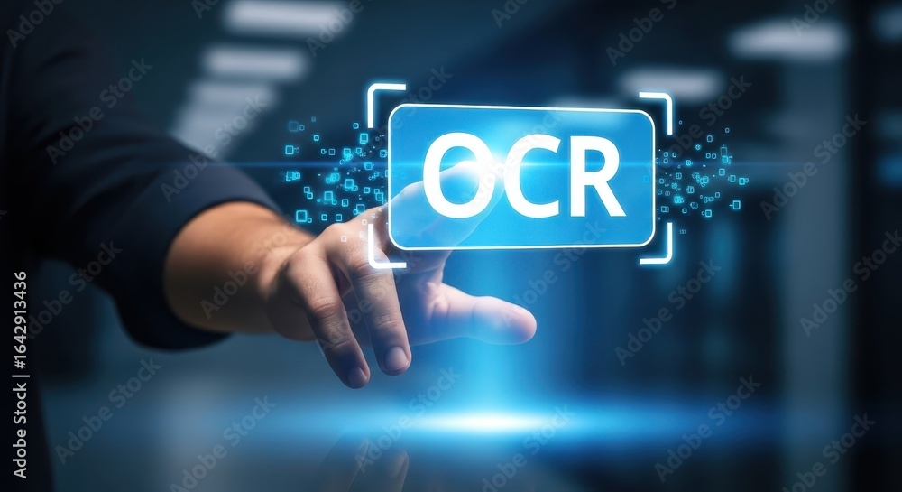 Poster digital hand activating futuristic ocr technology for enhanced document recognition and data process