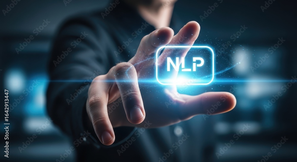 Poster nlp technology hand interacting with glowing artificial intelligence interface
