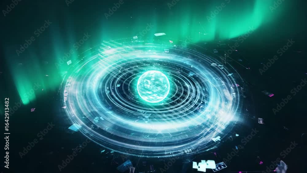 Poster digital green spiral with luminous lines, creating a high-tech effect for concepts of cyberspace, in