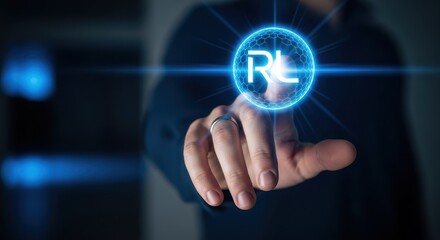 Fototapeta premium Human finger pressing a virtual RL button on a holographic screen with radiant blue light.