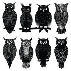 Vector silhouette set of Halloween Owl isolated in White background, silhouette Set, Halloween theme, Vector illustration 