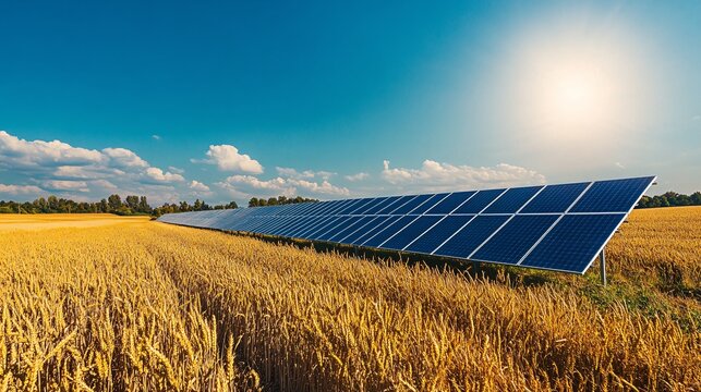 Solar Panels in Golden Wheat Field Under Blue Sky, Renewable Energy Source