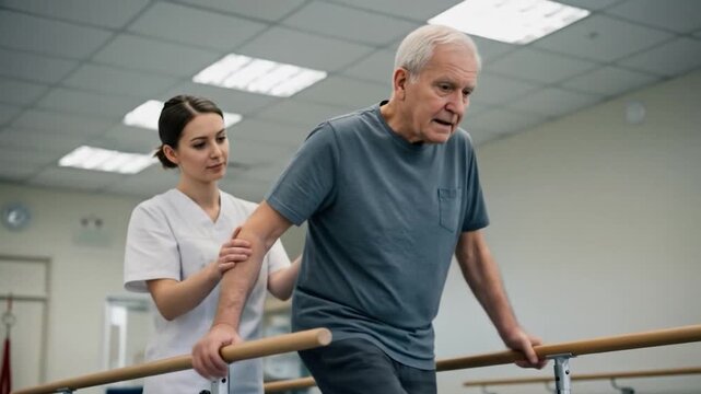 Senior Man's Recovery: Physical Therapy with Caring Therapist, Walking with Parallel Bars