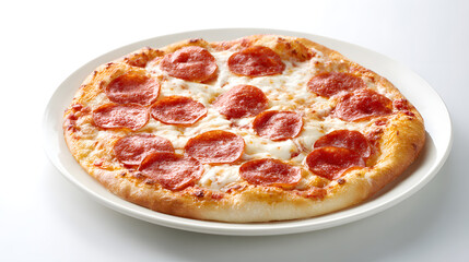 Freshly Baked Pepperoni Pizza with Deliciously Melted Cheese on a Clean White Plate