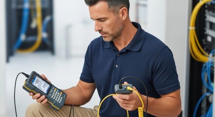 A focused technician certifying fiber optic network performance with a handheld testing device.