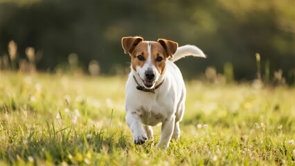 Jack Russel terrier dashing through grass, pure joy in golden light
