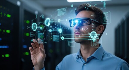 IT Professional Using Augmented Reality to Monitor Network Data in Server Room