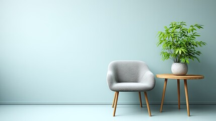 Modern living room scene with light gray armchair and wooden side table.