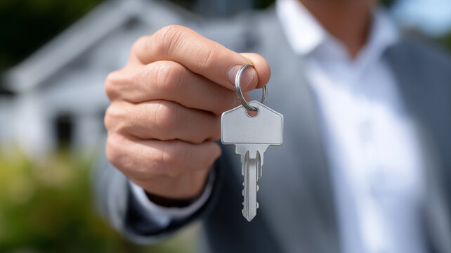 Shiny Metal House Key in Realtor’s Hand Extended Toward Camera with Modern Home Background, Representing Rental Agreement and Move-In Celebration, No Face Shown,real estate key, house key handover, 