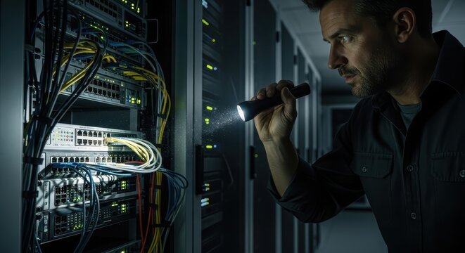 Focused IT professional conducting a critical network hardware inspection with a flashlight in a dark server room.