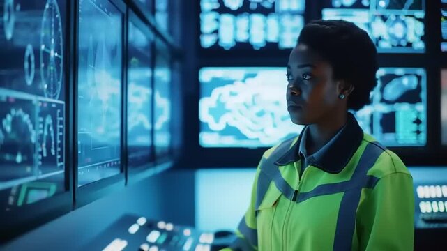 Focused Female Engineer Monitoring Data on Multiple Screens in Control Room