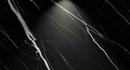 Black marble surface with white veins and dramatic spotlight