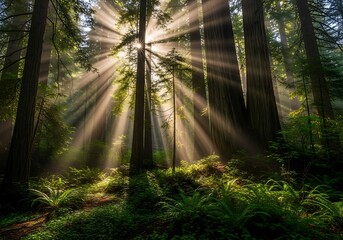 Sunbeams shining through trees in a lush green forest