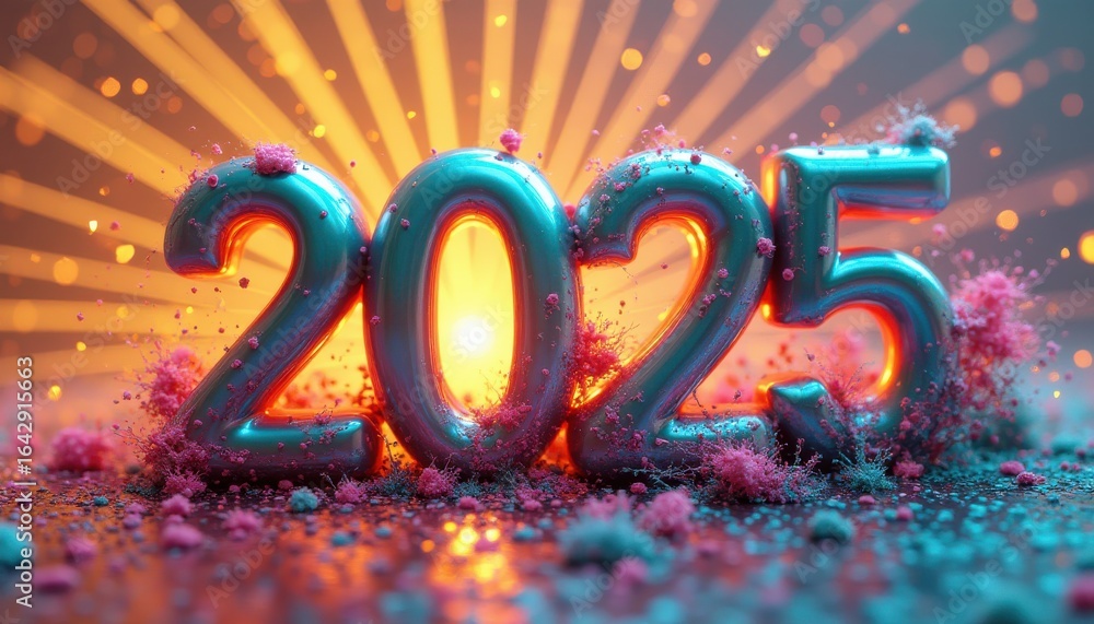 Poster three-dimensional metallic numbers 2025 emerging from colorful texture